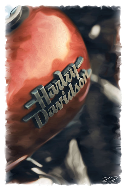 An image of an oil painting of an orange Harley Davidson tank showing the Harley Davids Script on the tank
